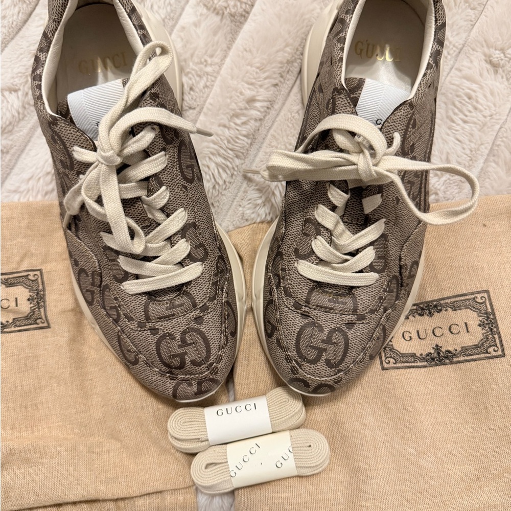 Gucci Beige and Cream Patterned Sneakers